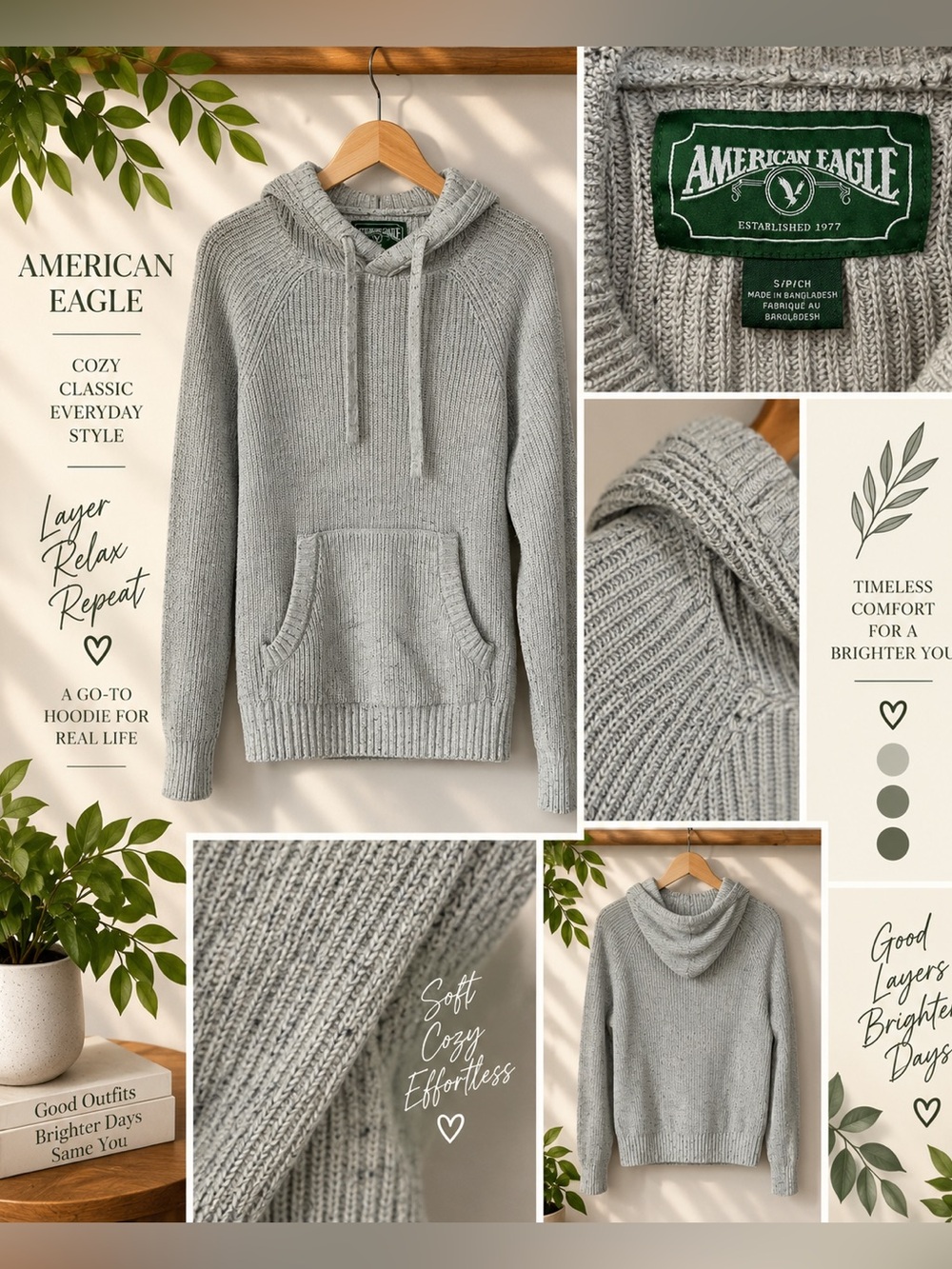 American Eagle Gray Knit Hooded Pullover Sweater Small